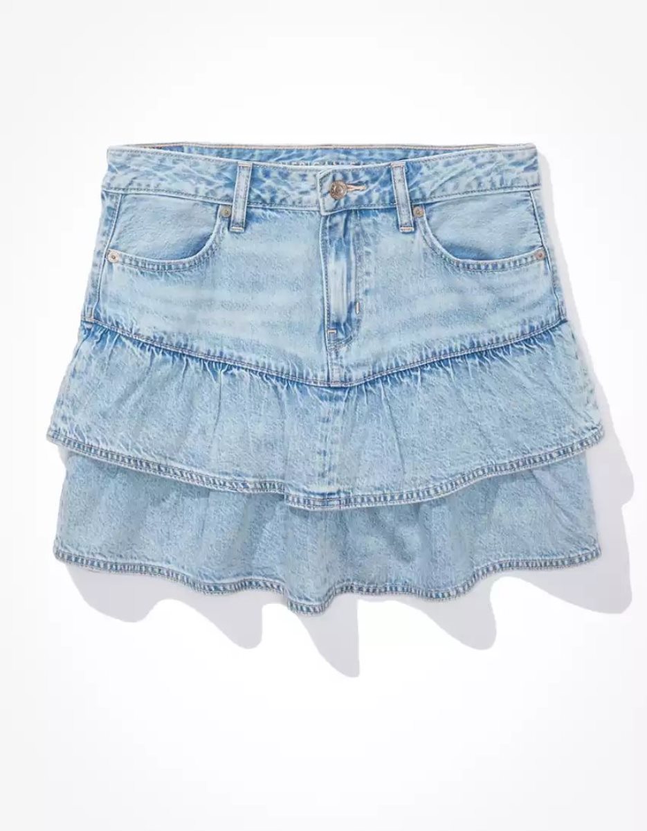 Jupes American Eagle AE Tiered Ruffle Denim Mini Lavage Clair Femme | UJM-34522015